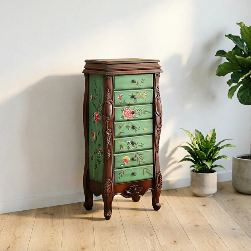 LIVARA Solid Wood 7 Drawer Storage Cabinet with Hand Painted Design Vintage Bedroom Chest 43.8cm - Dark Green