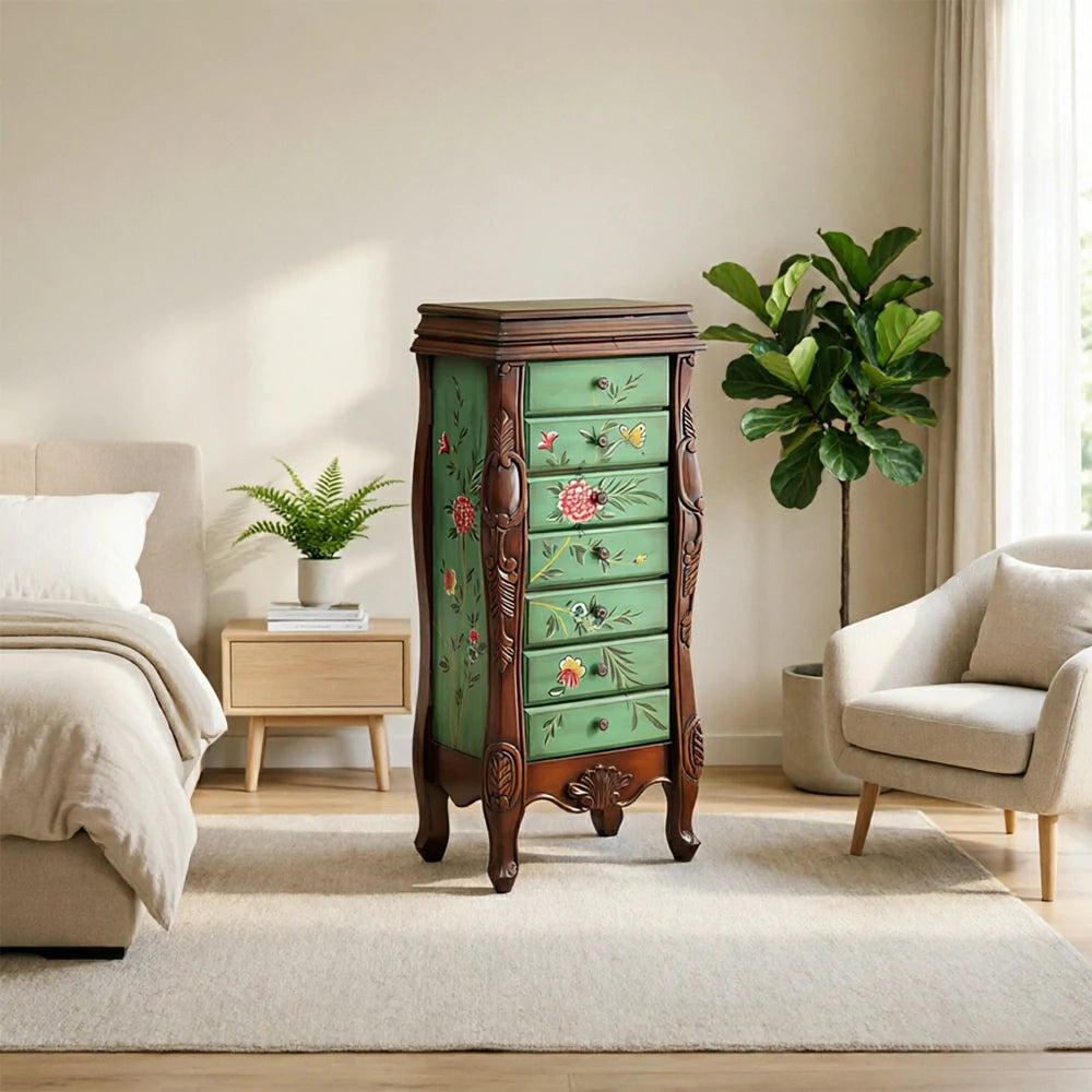 LIVARA Solid Wood 7 Drawer Storage Cabinet with Hand Painted Design Vintage Bedroom Chest 43.8cm - Dark Green