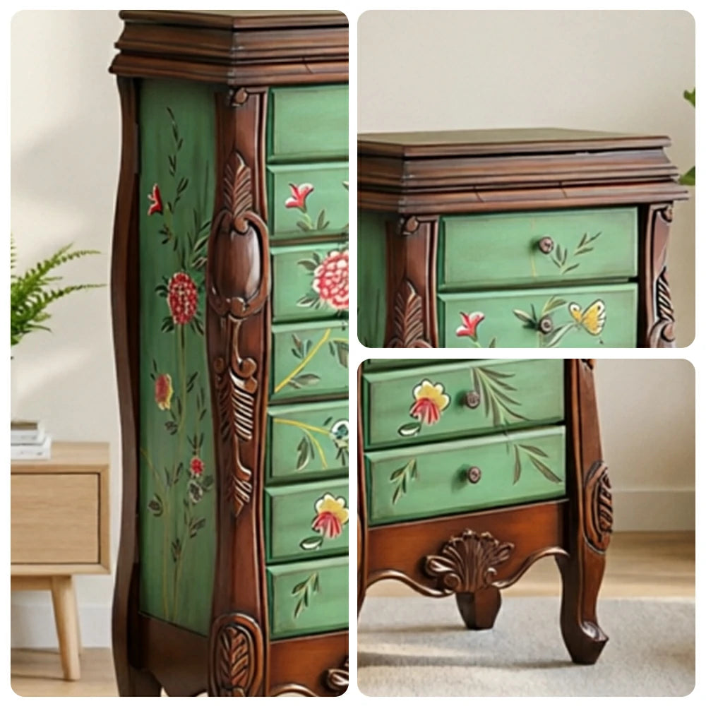 LIVARA Solid Wood 7 Drawer Storage Cabinet with Hand Painted Design Vintage Bedroom Chest 43.8cm - Dark Green