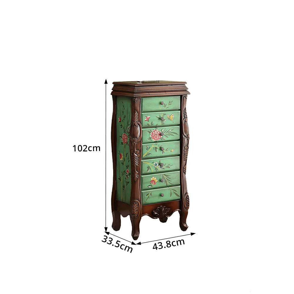LIVARA Solid Wood 7 Drawer Storage Cabinet with Hand Painted Design Vintage Bedroom Chest 43.8cm - Dark Green