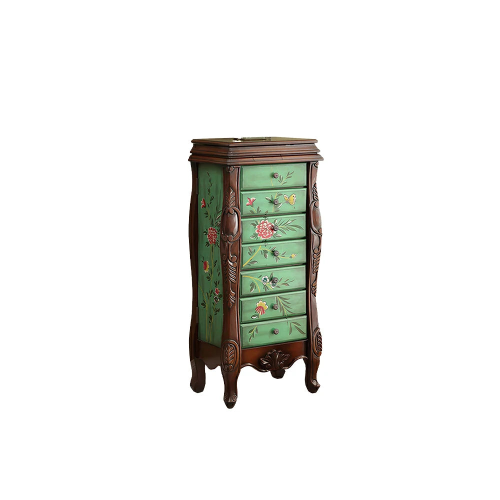 LIVARA Solid Wood 7 Drawer Storage Cabinet with Hand Painted Design Vintage Bedroom Chest 43.8cm - Dark Green