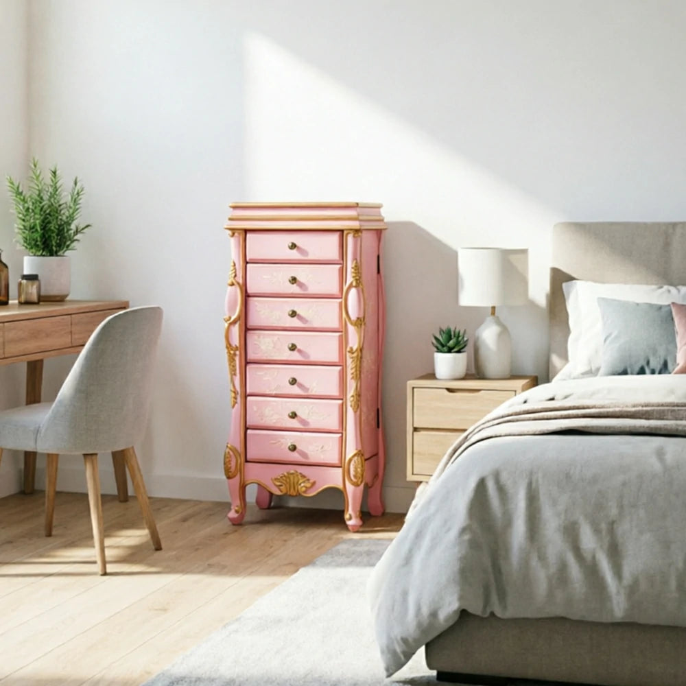 LIVARA Solid Wood 7 Drawer Storage Cabinet with Hand Painted Design Vintage Bedroom Chest 43.8cm - Pink