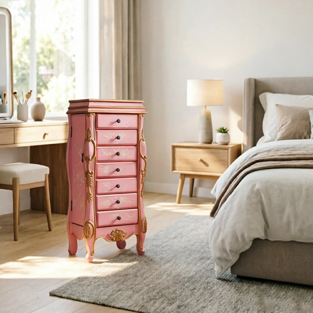 LIVARA Solid Wood 7 Drawer Storage Cabinet with Hand Painted Design Vintage Bedroom Chest 43.8cm - Pink
