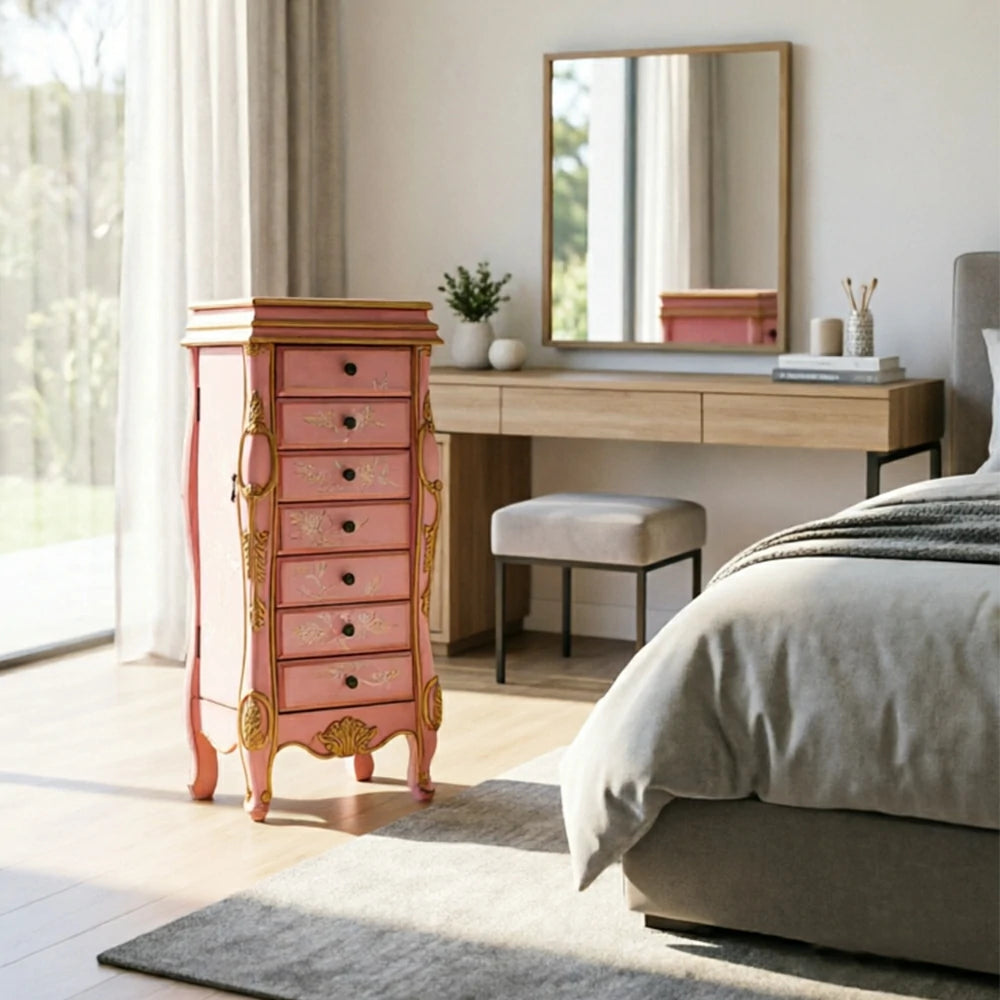 LIVARA Solid Wood 7 Drawer Storage Cabinet with Hand Painted Design Vintage Bedroom Chest 43.8cm - Pink