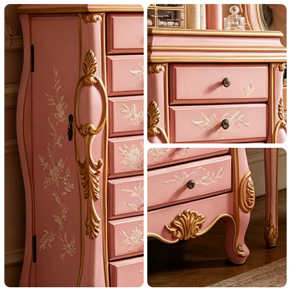LIVARA Solid Wood 7 Drawer Storage Cabinet with Hand Painted Design Vintage Bedroom Chest 43.8cm - Pink