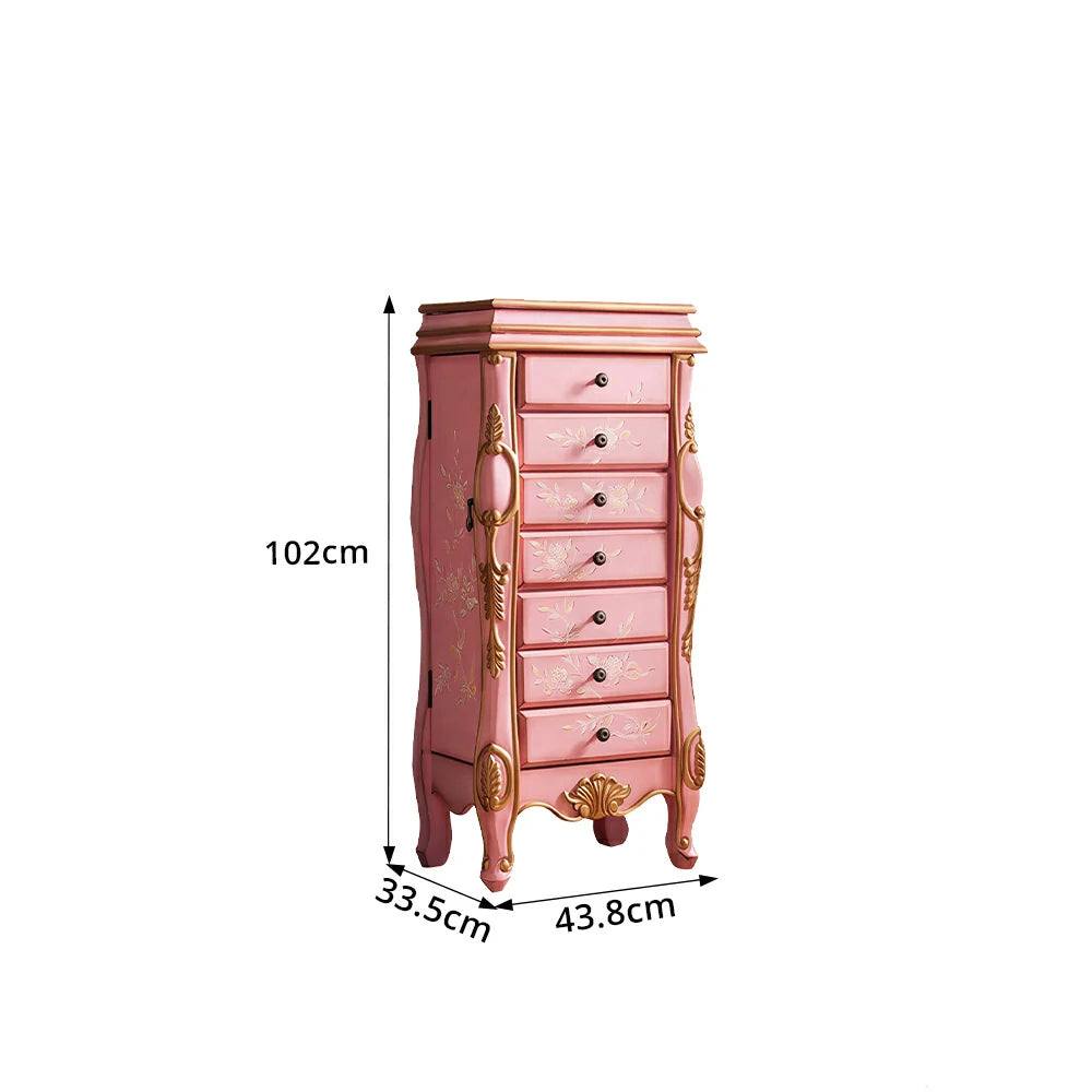 LIVARA Solid Wood 7 Drawer Storage Cabinet with Hand Painted Design Vintage Bedroom Chest 43.8cm - Pink