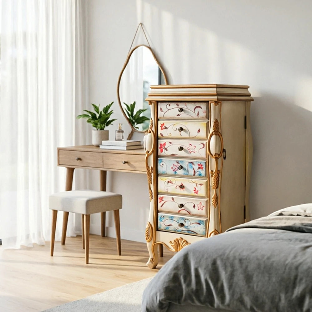 LIVARA Solid Wood 7 Drawer Storage Cabinet with Hand Painted Design Vintage Bedroom Chest 43.8cm - Champagne Gold