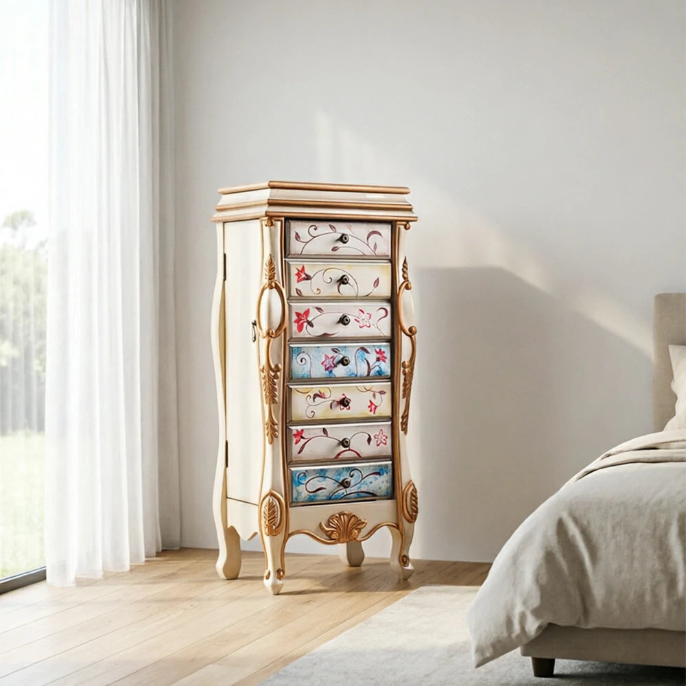 LIVARA Solid Wood 7 Drawer Storage Cabinet with Hand Painted Design Vintage Bedroom Chest 43.8cm - Champagne Gold