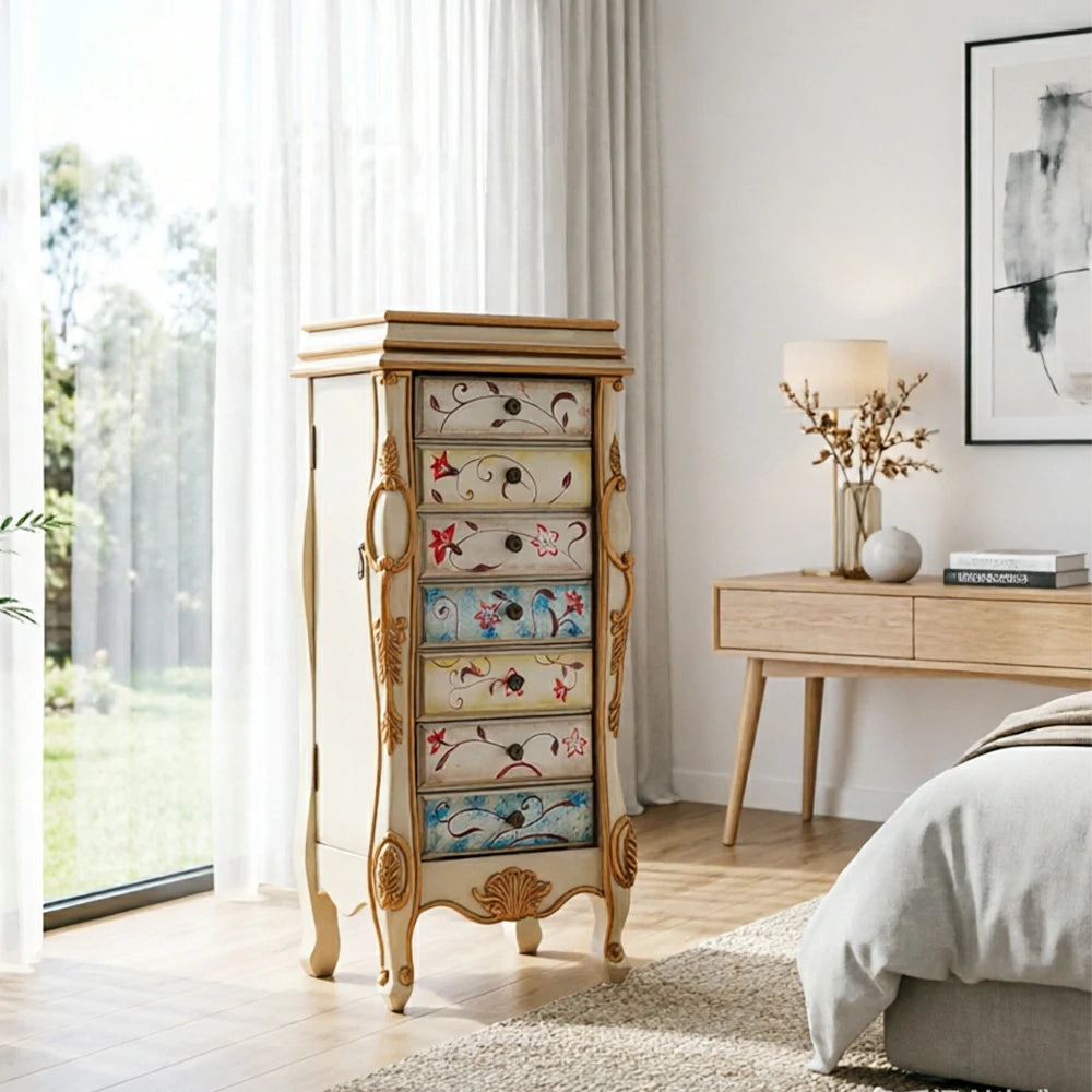 LIVARA Solid Wood 7 Drawer Storage Cabinet with Hand Painted Design Vintage Bedroom Chest 43.8cm - Champagne Gold