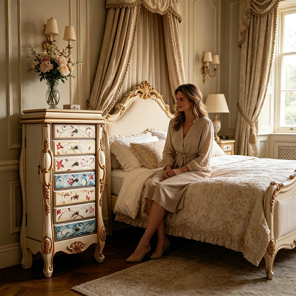 LIVARA Solid Wood 7 Drawer Storage Cabinet with Hand Painted Design Vintage Bedroom Chest 43.8cm - Champagne Gold