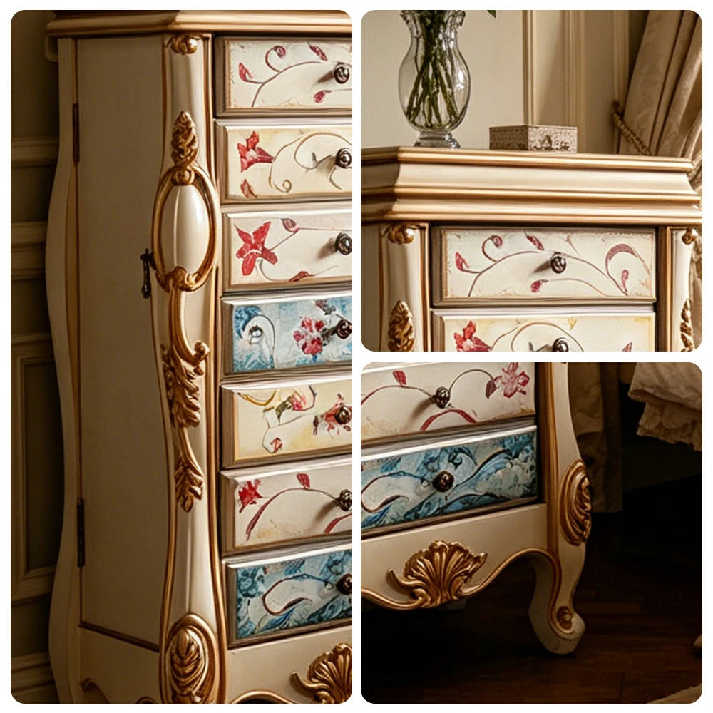 LIVARA Solid Wood 7 Drawer Storage Cabinet with Hand Painted Design Vintage Bedroom Chest 43.8cm - Champagne Gold