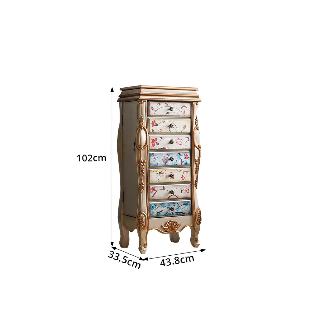 LIVARA Solid Wood 7 Drawer Storage Cabinet with Hand Painted Design Vintage Bedroom Chest 43.8cm - Champagne Gold