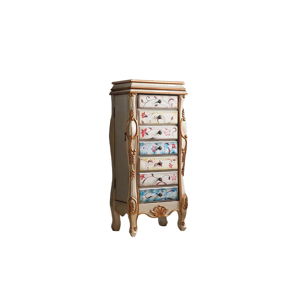LIVARA Solid Wood 7 Drawer Storage Cabinet with Hand Painted Design Vintage Bedroom Chest 43.8cm - Champagne Gold