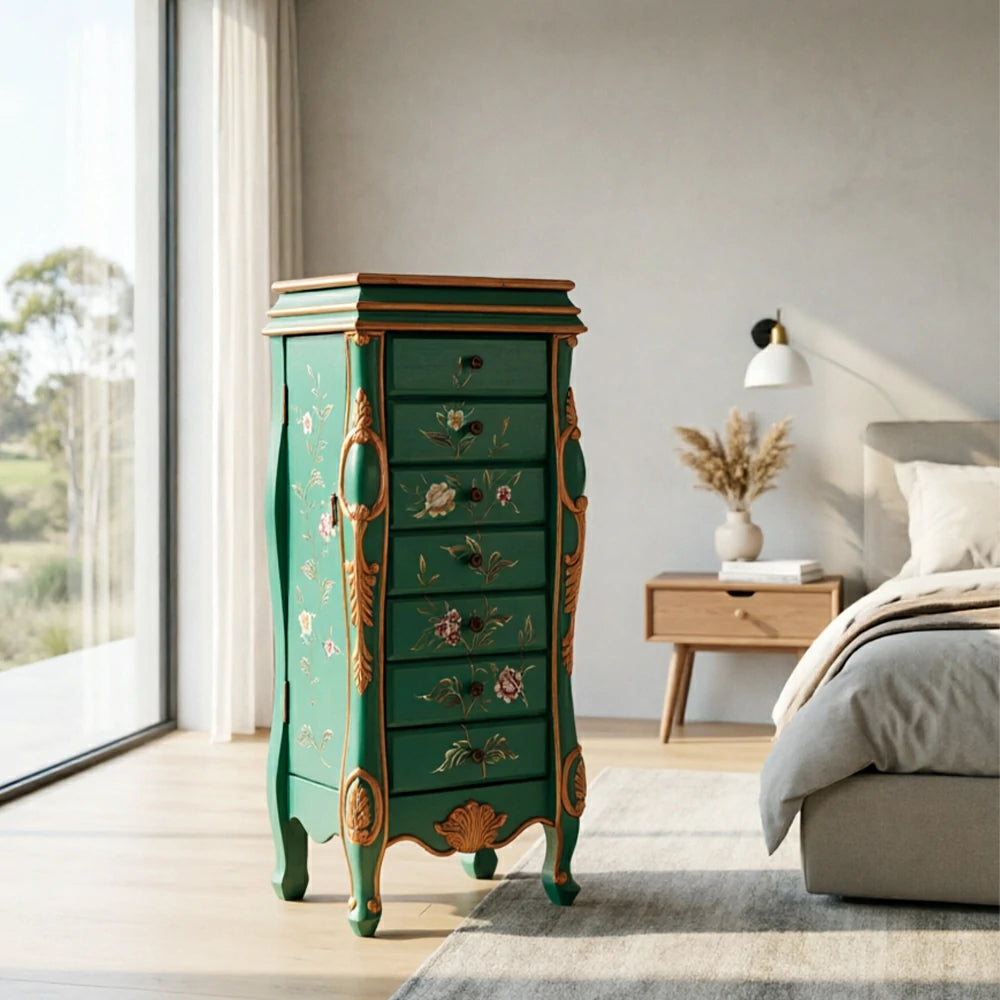 LIVARA Solid Wood 7 Drawer Storage Cabinet with Hand Painted Design Vintage Bedroom Chest 43.8cm - Green