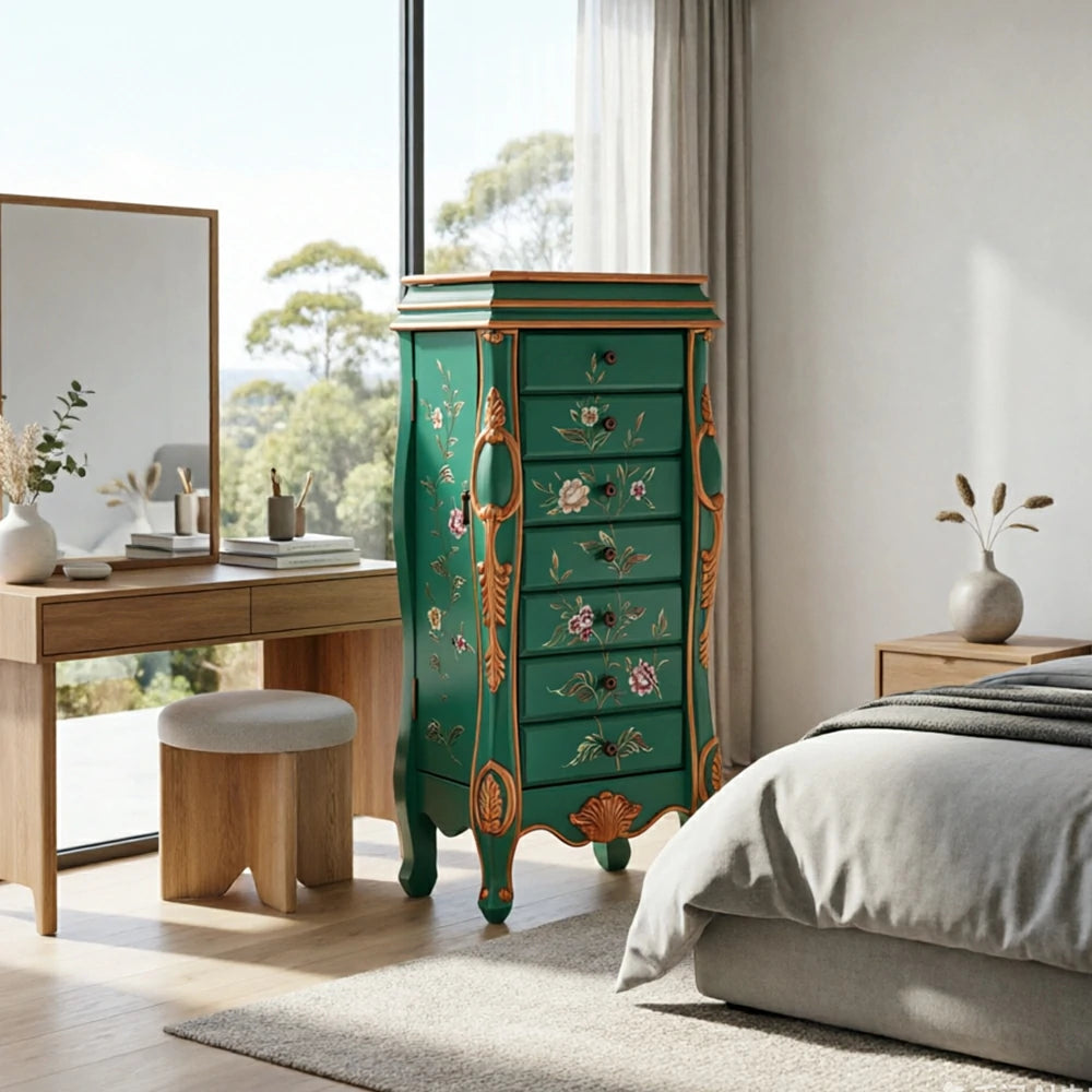 LIVARA Solid Wood 7 Drawer Storage Cabinet with Hand Painted Design Vintage Bedroom Chest 43.8cm - Green