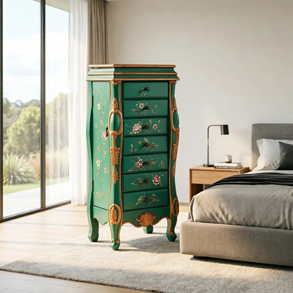 LIVARA Solid Wood 7 Drawer Storage Cabinet with Hand Painted Design Vintage Bedroom Chest 43.8cm - Green