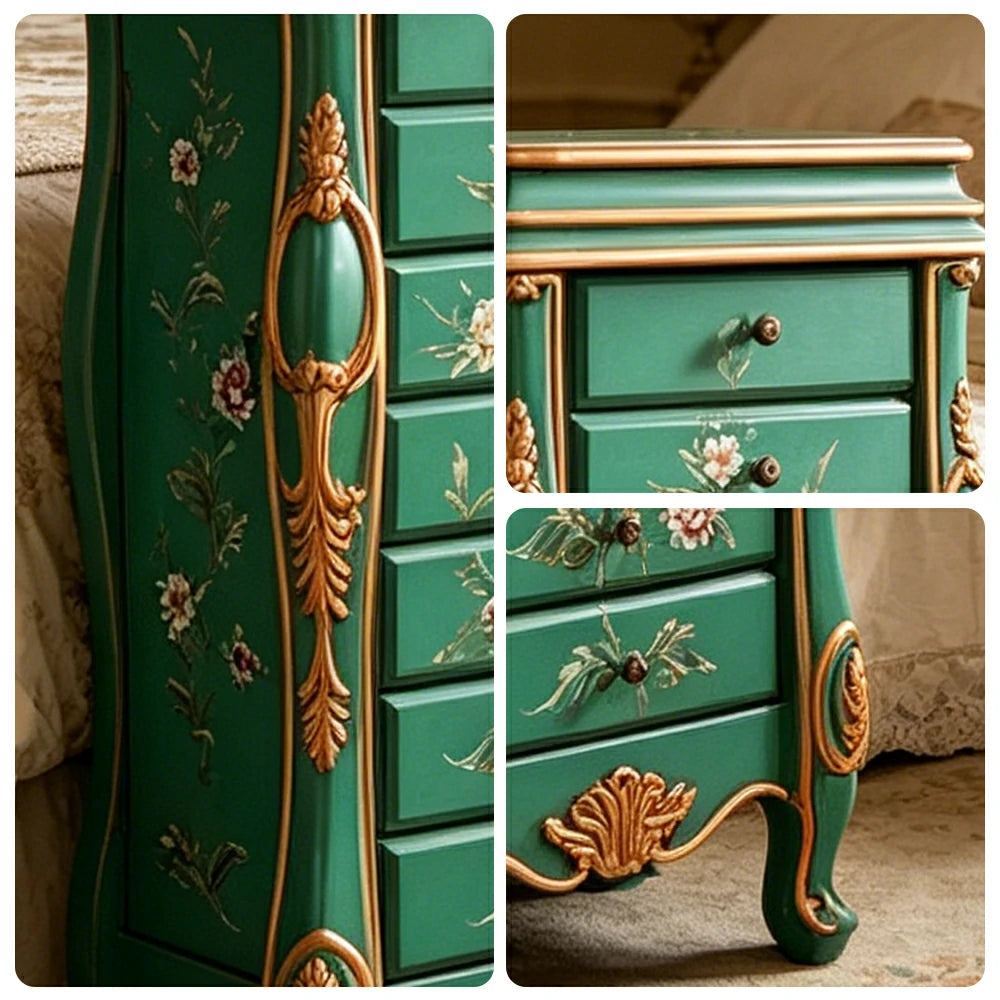 LIVARA Solid Wood 7 Drawer Storage Cabinet with Hand Painted Design Vintage Bedroom Chest 43.8cm - Green