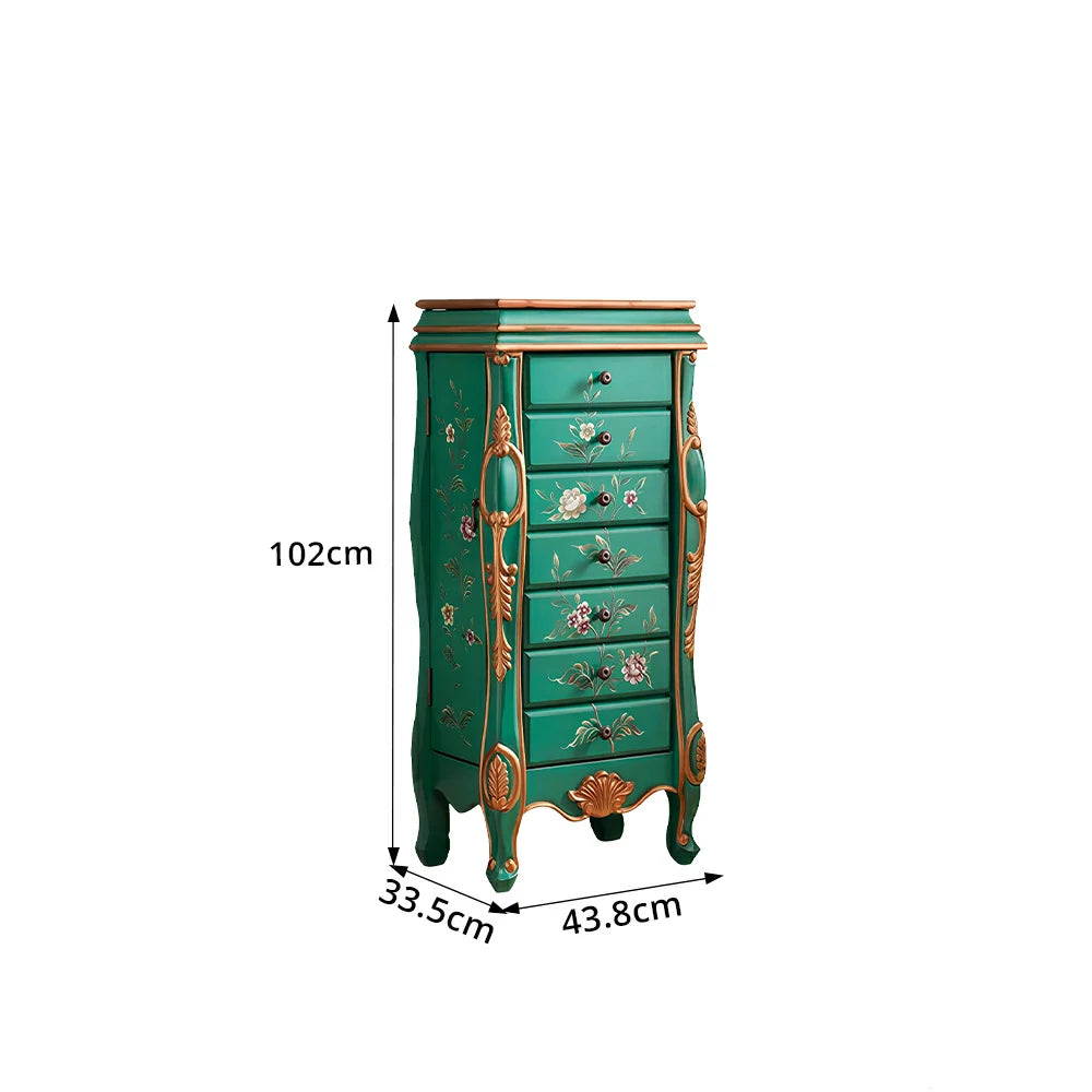 LIVARA Solid Wood 7 Drawer Storage Cabinet with Hand Painted Design Vintage Bedroom Chest 43.8cm - Green
