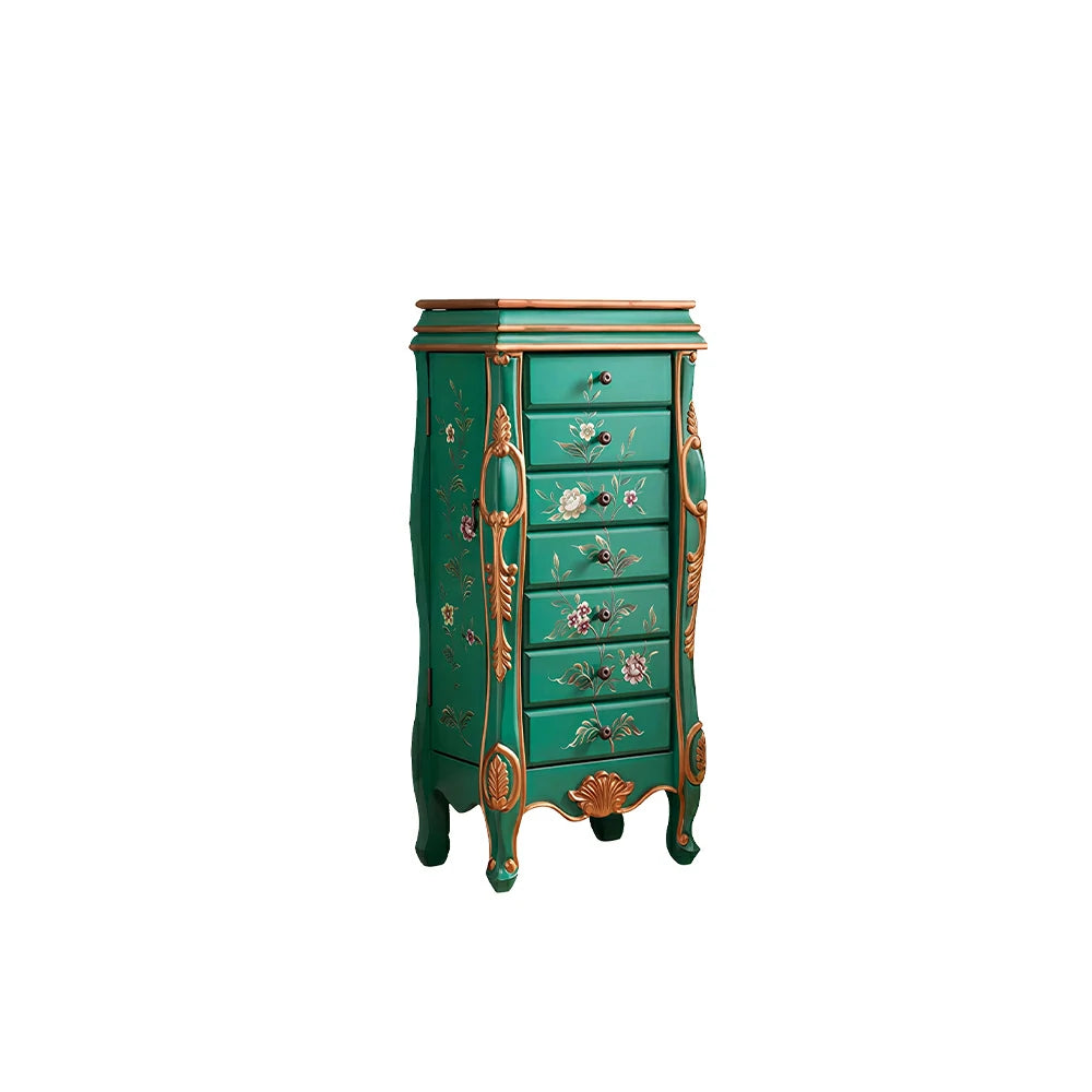 LIVARA Solid Wood 7 Drawer Storage Cabinet with Hand Painted Design Vintage Bedroom Chest 43.8cm - Green