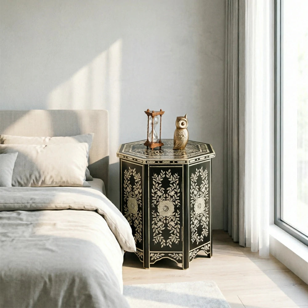 LIVARA Solid Wood Accent Side Table with Hand Painted Vintage Design American Style End Table 56cm - Black