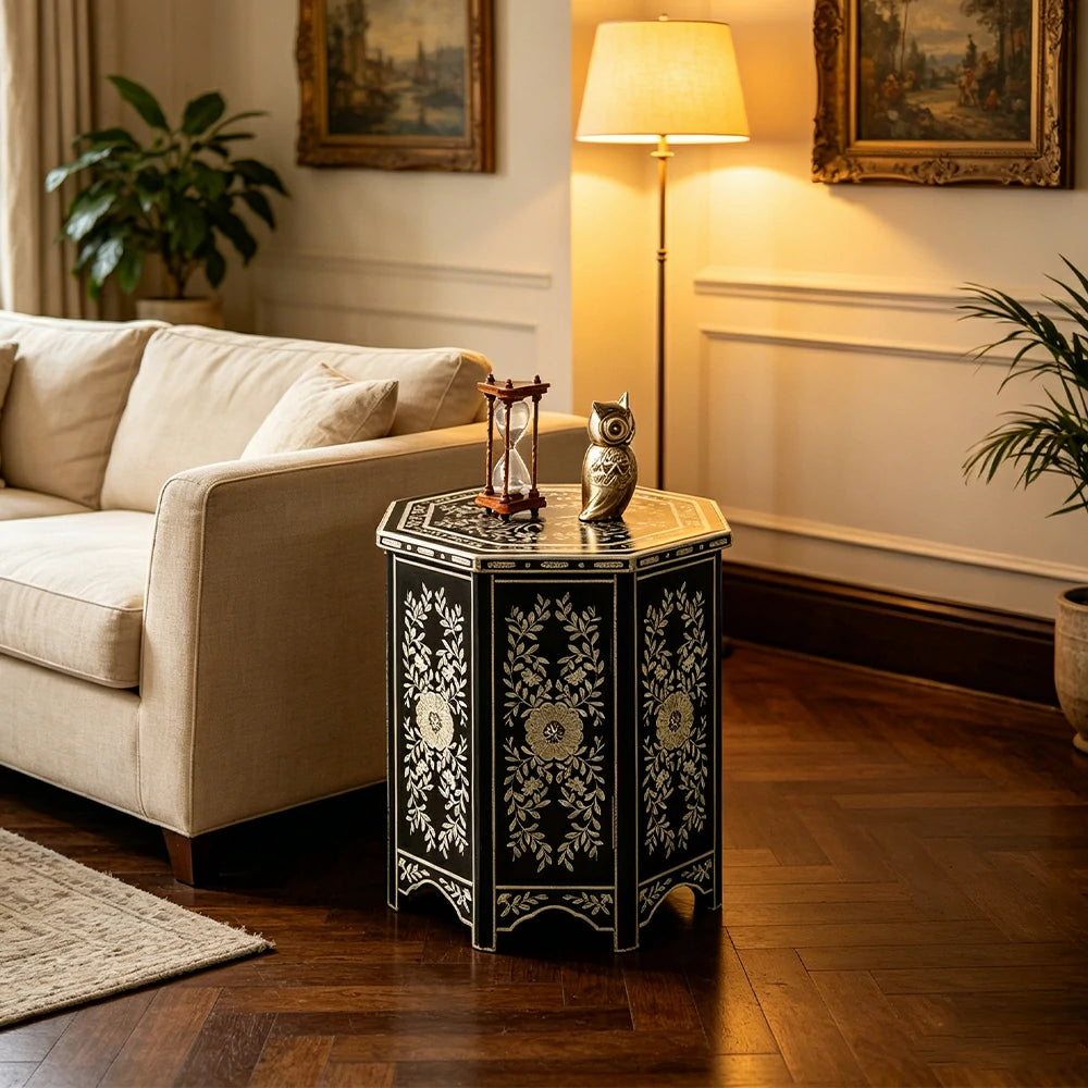 LIVARA Solid Wood Accent Side Table with Hand Painted Vintage Design American Style End Table 56cm - Black