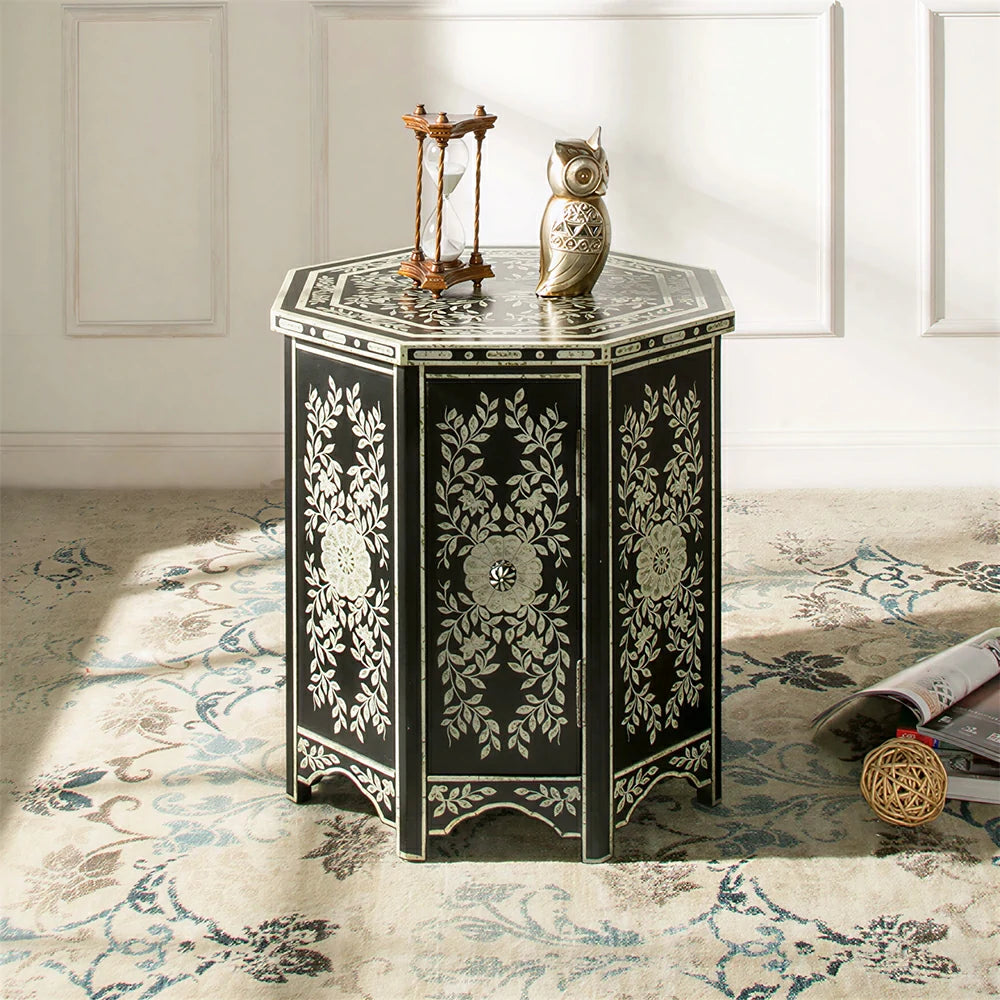 LIVARA Solid Wood Accent Side Table with Hand Painted Vintage Design American Style End Table 56cm - Black