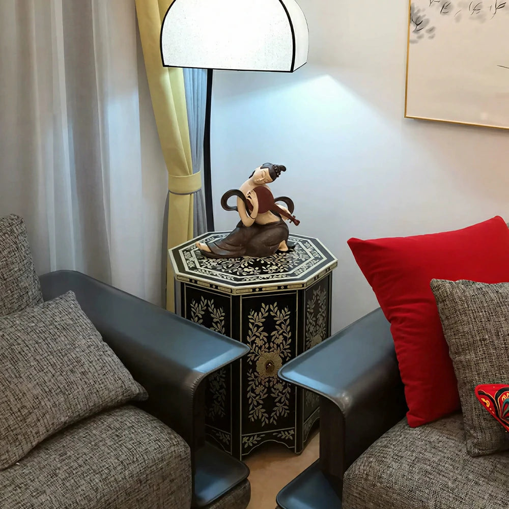 LIVARA Solid Wood Accent Side Table with Hand Painted Vintage Design American Style End Table 56cm - Black