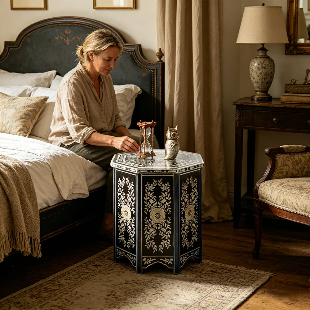 LIVARA Solid Wood Accent Side Table with Hand Painted Vintage Design American Style End Table 56cm - Black