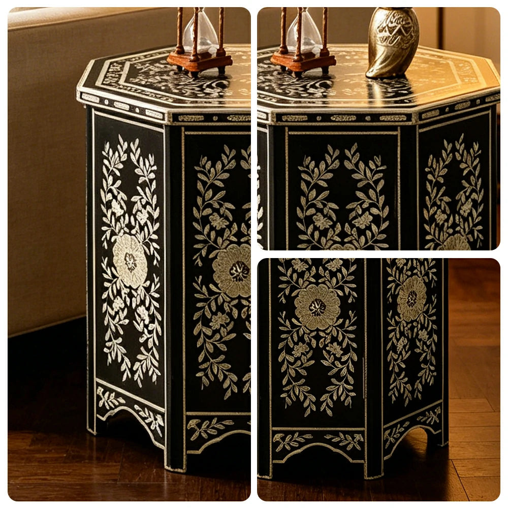 LIVARA Solid Wood Accent Side Table with Hand Painted Vintage Design American Style End Table 56cm - Black