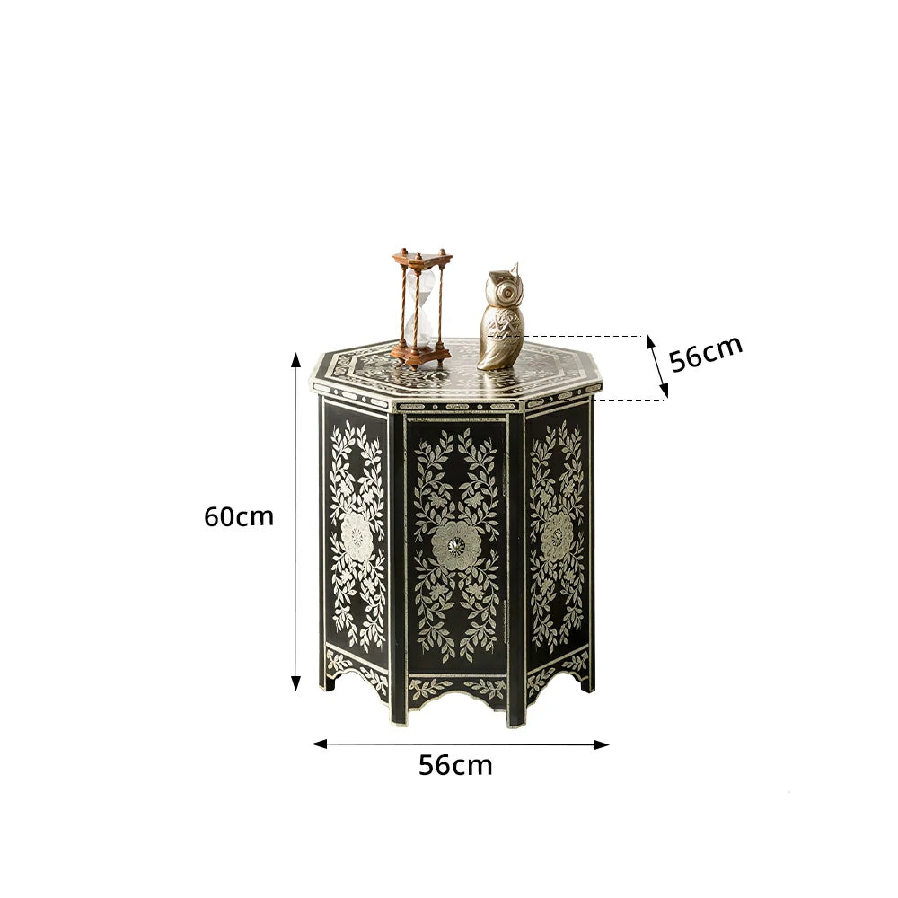 LIVARA Solid Wood Accent Side Table with Hand Painted Vintage Design American Style End Table 56cm - Black