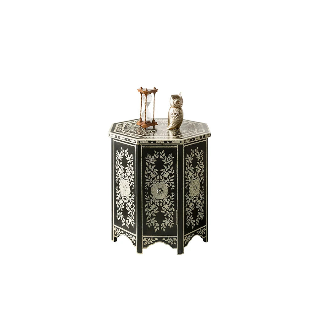LIVARA Solid Wood Accent Side Table with Hand Painted Vintage Design American Style End Table 56cm - Black