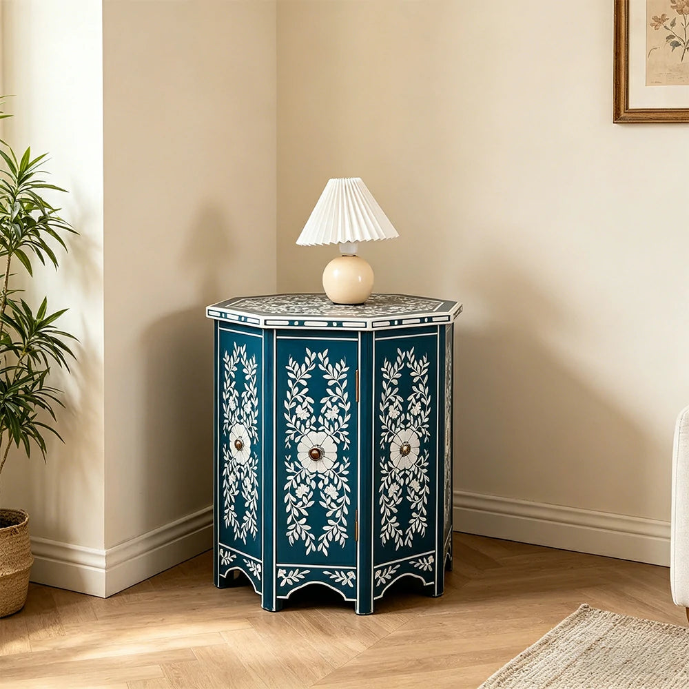 LIVARA Solid Wood Accent Side Table with Hand Painted Vintage Design American Style End Table 56cm - Blue