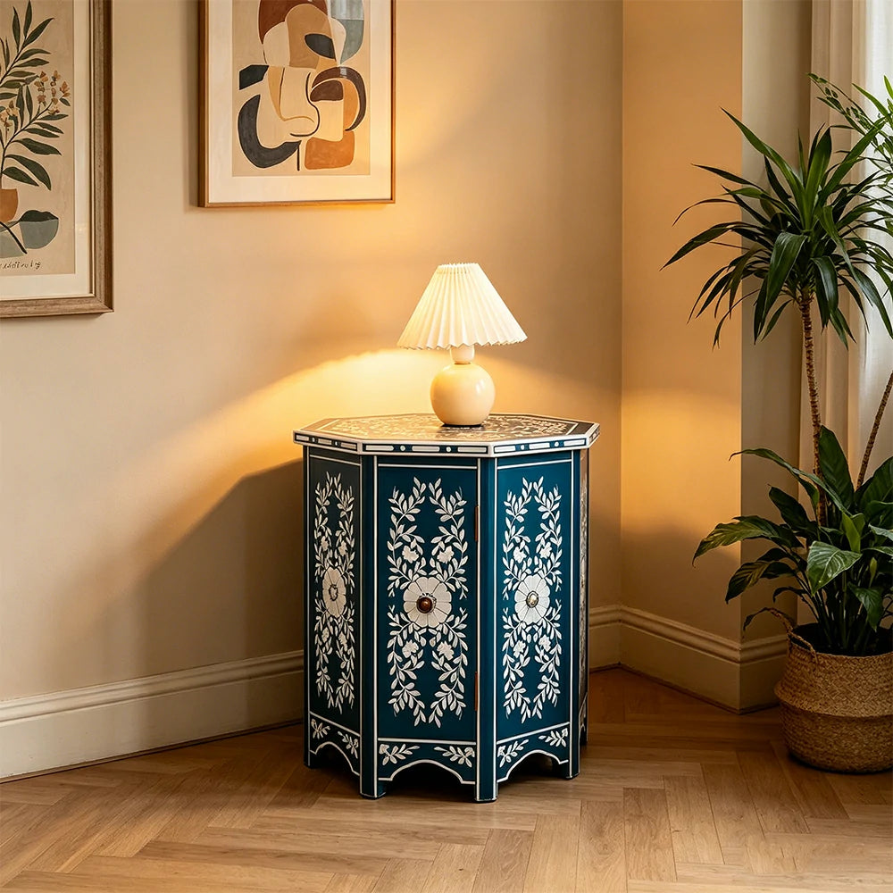 LIVARA Solid Wood Accent Side Table with Hand Painted Vintage Design American Style End Table 56cm - Blue