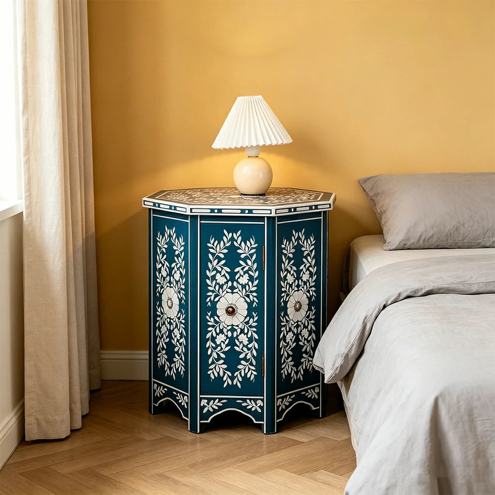 LIVARA Solid Wood Accent Side Table with Hand Painted Vintage Design American Style End Table 56cm - Blue