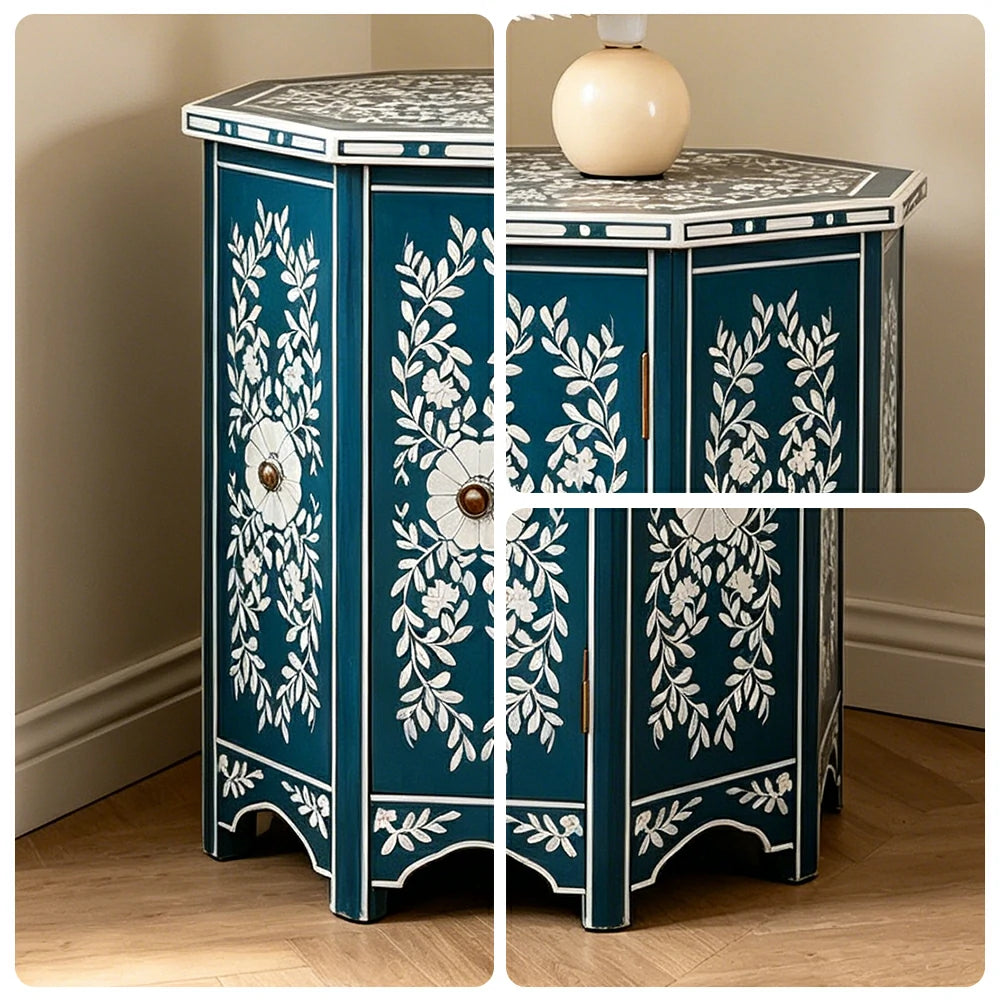 LIVARA Solid Wood Accent Side Table with Hand Painted Vintage Design American Style End Table 56cm - Blue