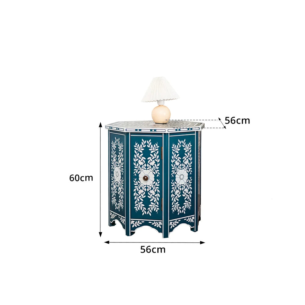 LIVARA Solid Wood Accent Side Table with Hand Painted Vintage Design American Style End Table 56cm - Blue