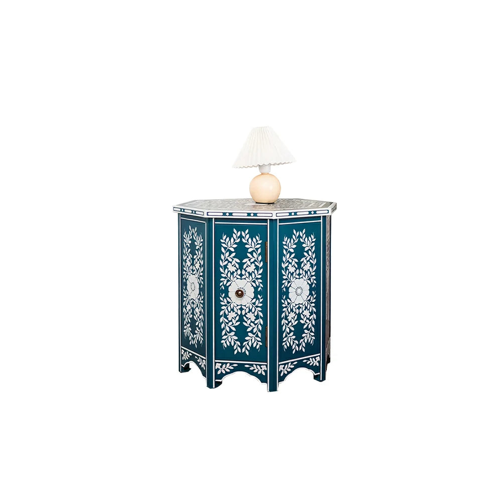 LIVARA Solid Wood Accent Side Table with Hand Painted Vintage Design American Style End Table 56cm - Blue