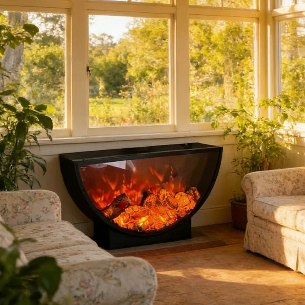 LIVARA 50/70/90cm Electric Fireplace Heater Curved Wall Mounted Insert 3D Flame Tempered Glass Cold Rolled Steel with Remote Control