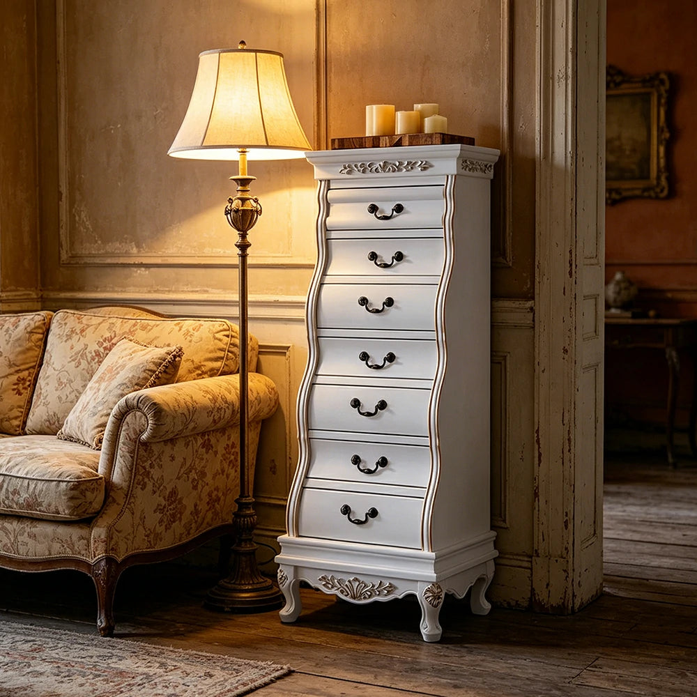 LIVARA Vintage Seven Drawer Chest Hand-Painted Storage Cabinet for Bedroom Living Room - White