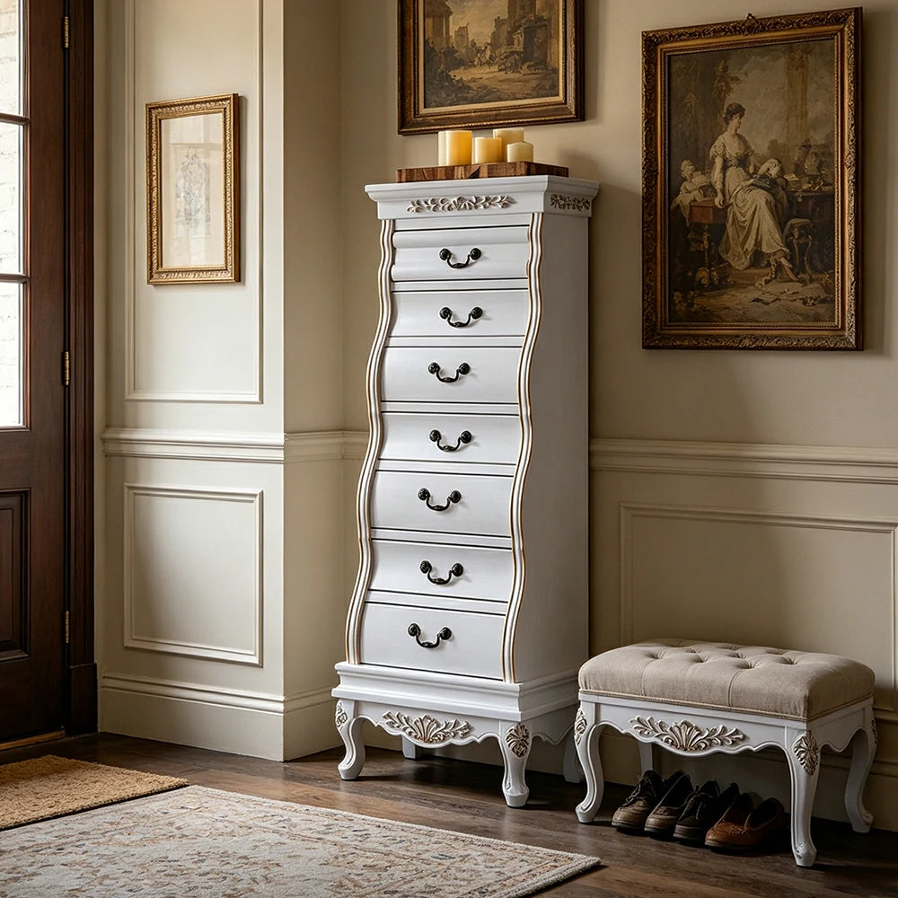 LIVARA Vintage Seven Drawer Chest Hand-Painted Storage Cabinet for Bedroom Living Room - White