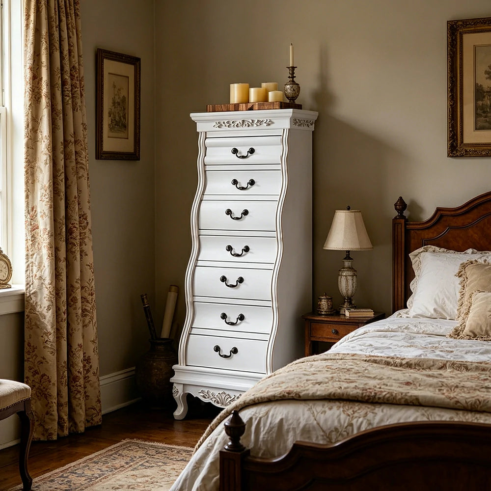 LIVARA Vintage Seven Drawer Chest Hand-Painted Storage Cabinet for Bedroom Living Room - White
