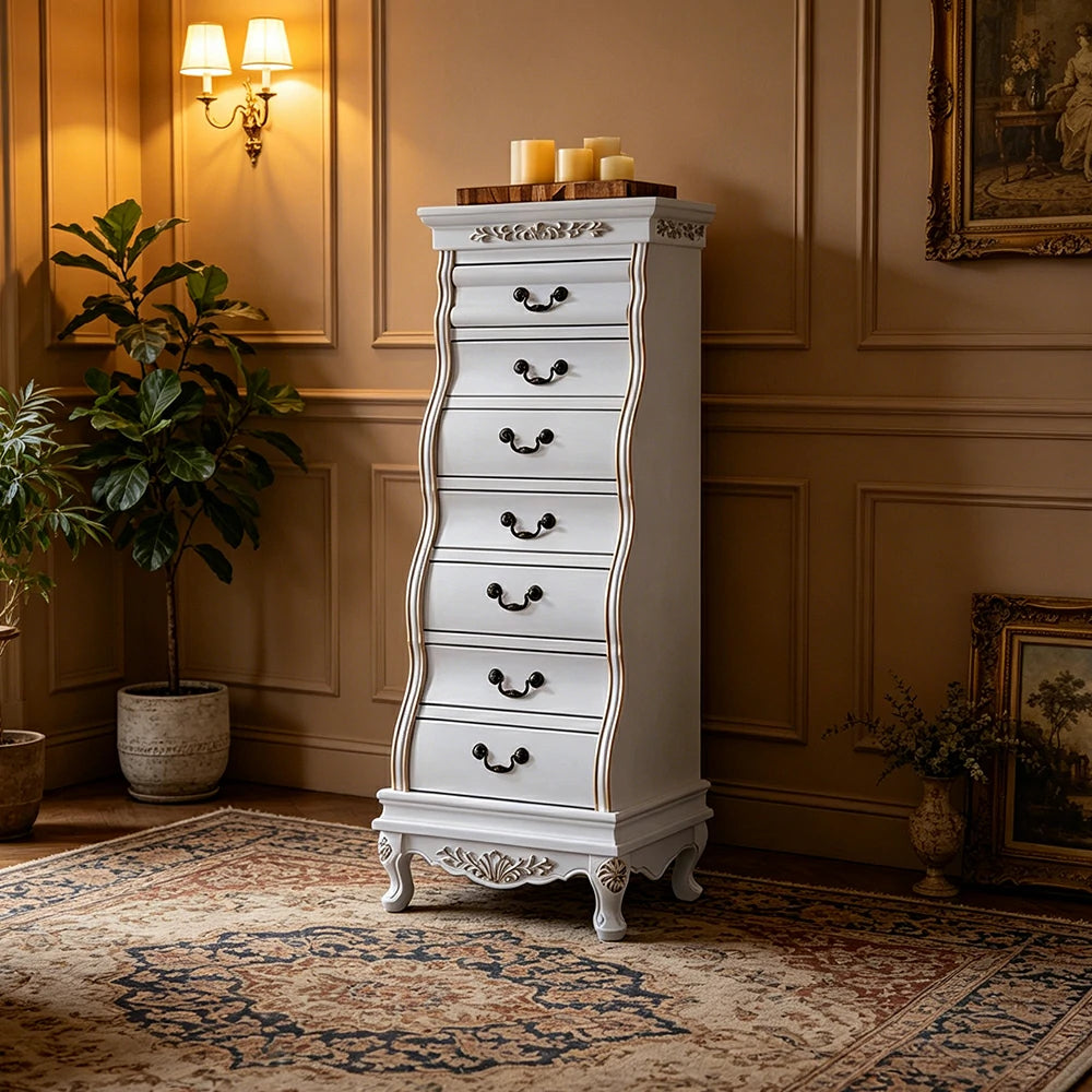 LIVARA Vintage Seven Drawer Chest Hand-Painted Storage Cabinet for Bedroom Living Room - White
