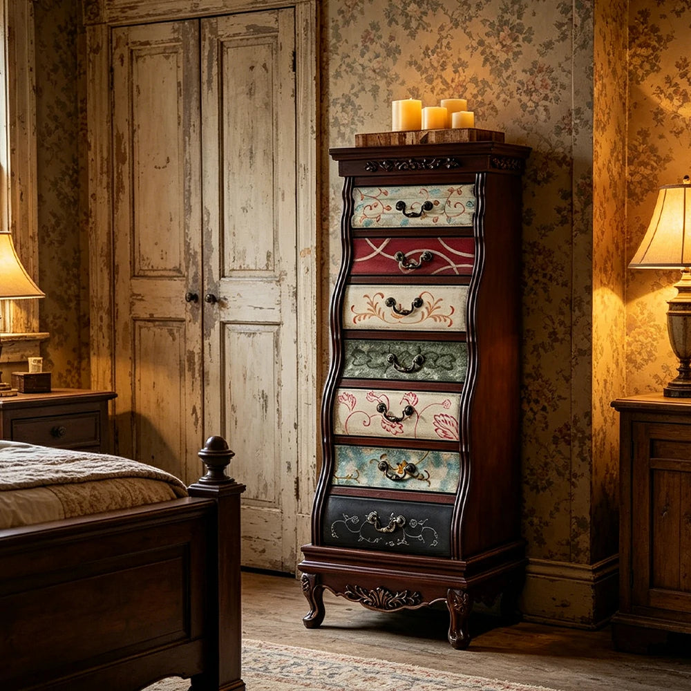 LIVARA Vintage Seven Drawer Chest Hand-Painted Storage Cabinet for Bedroom Living Room - Black