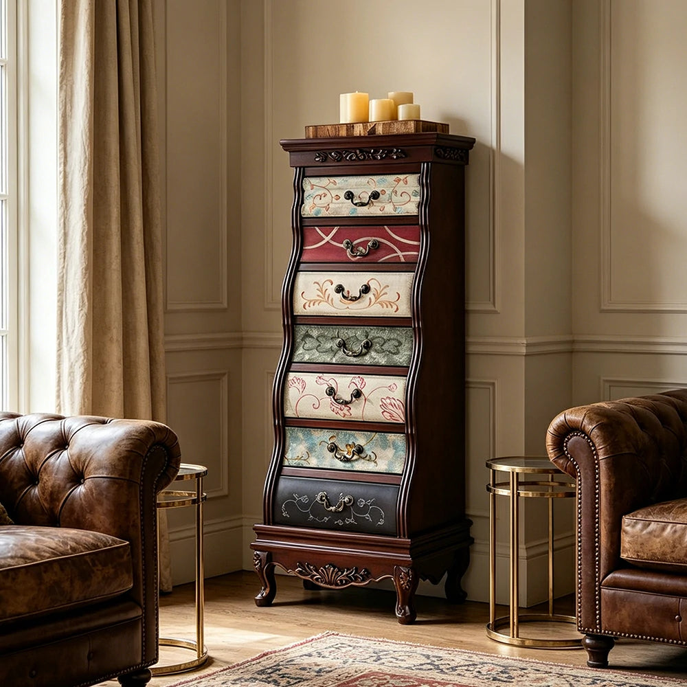 LIVARA Vintage Seven Drawer Chest Hand-Painted Storage Cabinet for Bedroom Living Room - Black