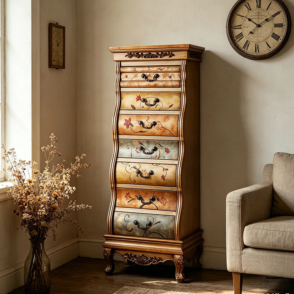LIVARA Vintage Seven Drawer Chest Hand-Painted Storage Cabinet for Bedroom Living Room - Brown