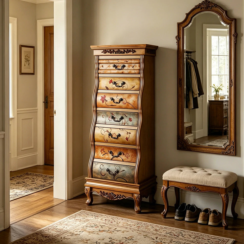 LIVARA Vintage Seven Drawer Chest Hand-Painted Storage Cabinet for Bedroom Living Room - Brown