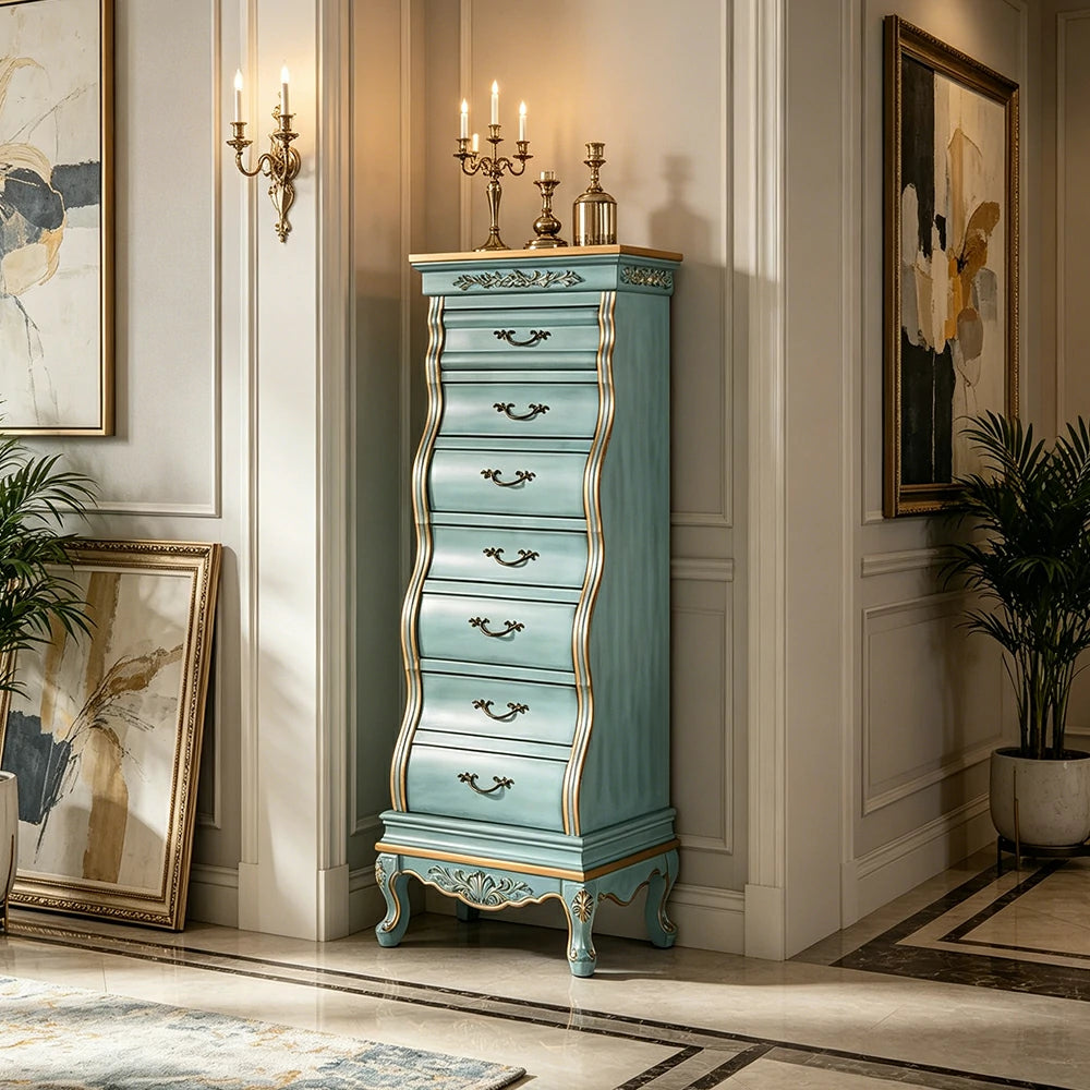 LIVARA Vintage Seven Drawer Chest Hand-Painted Storage Cabinet for Bedroom Living Room - Blue