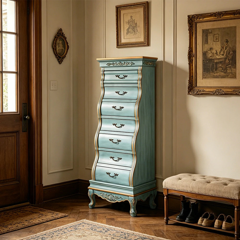 LIVARA Vintage Seven Drawer Chest Hand-Painted Storage Cabinet for Bedroom Living Room - Blue