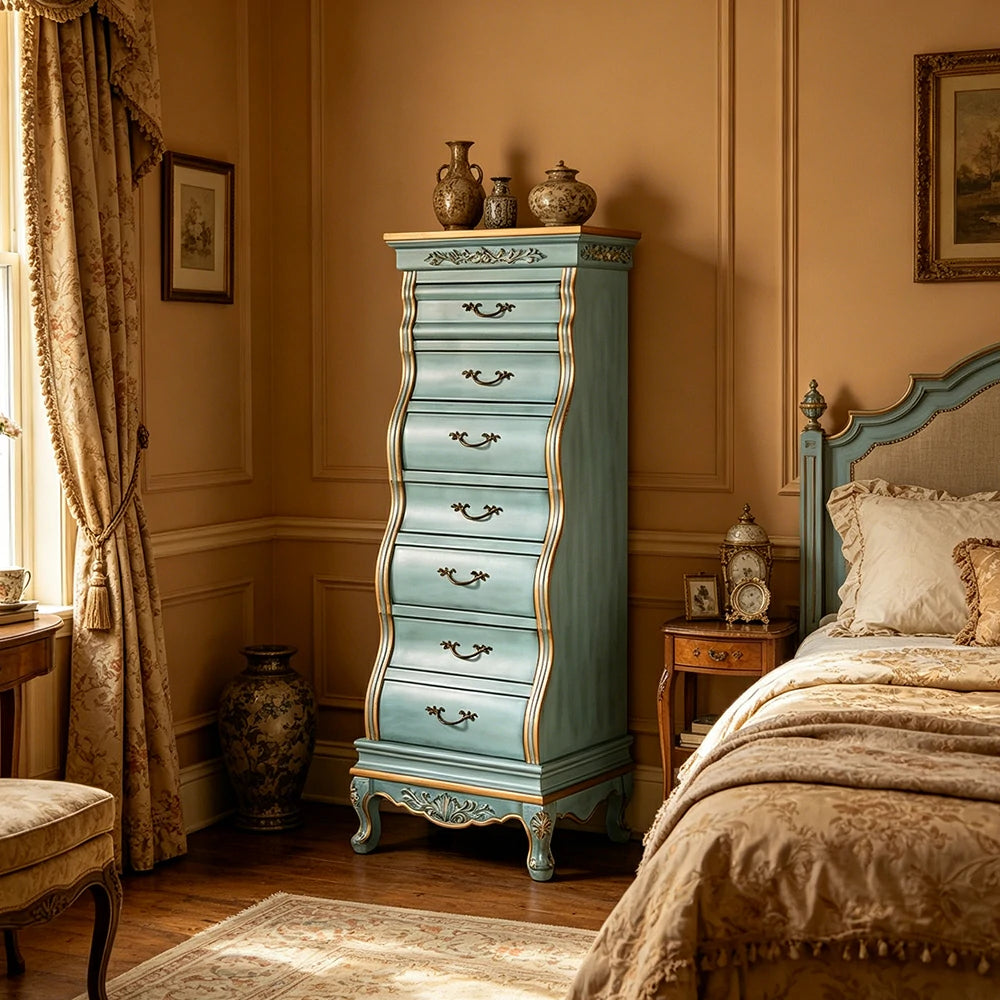LIVARA Vintage Seven Drawer Chest Hand-Painted Storage Cabinet for Bedroom Living Room - Blue