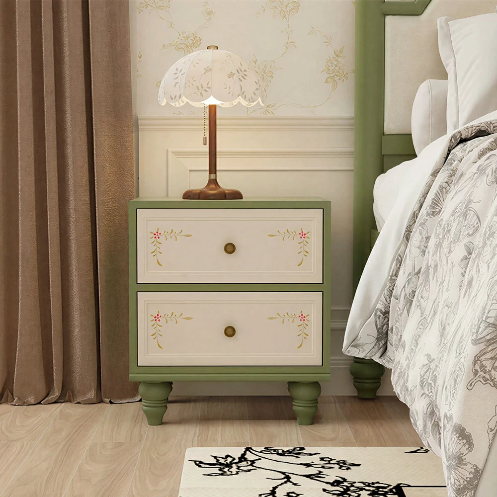 LIVARA Vintage Solid Wood Bedside Table Hand-Painted Nightstand for Bedroom Sofa Side - Green